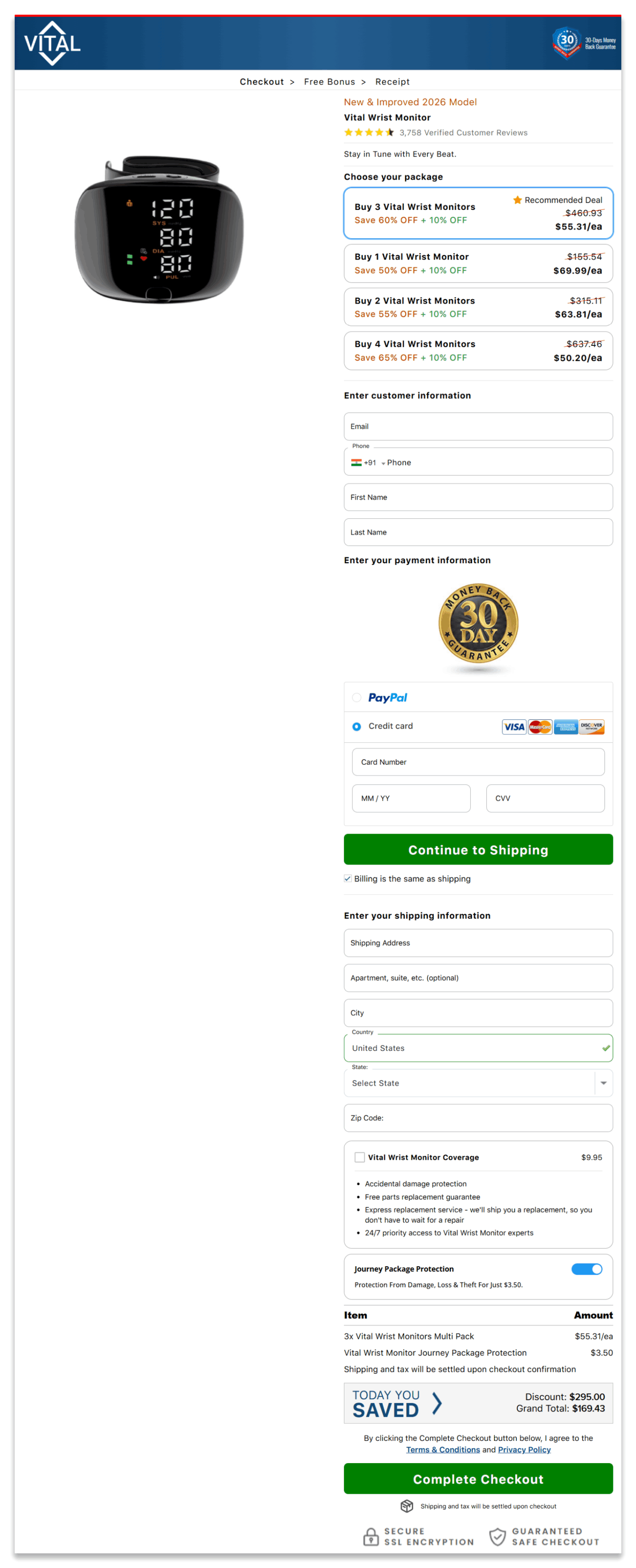 Vital Wrist Monitor secure checkout page